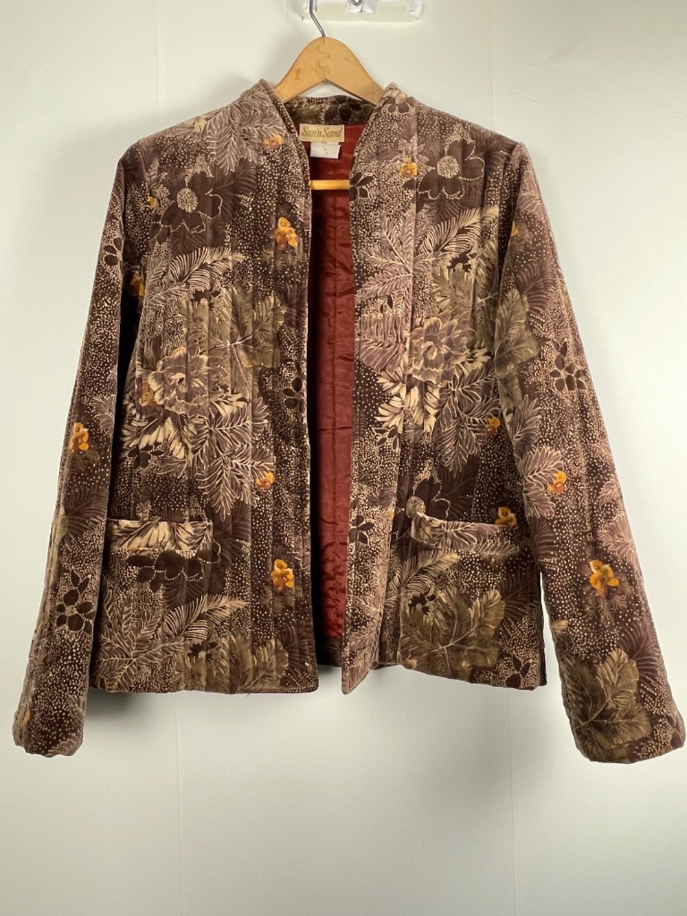 Vintage Sun N Sand Quilted Velvet Open Front Jacket Medium Cottagecore Fall